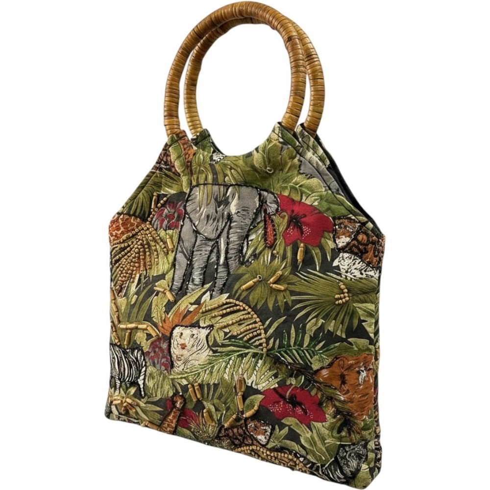 Lord & Taylor Jungle Safari Beaded Fringe Tote Bag Wood Ring Handles Green Tan